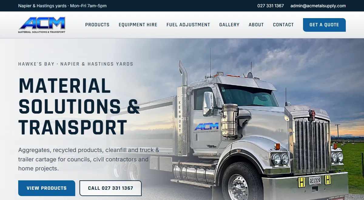 The ACM Material Solutions & Transport homepage: Material Solutions & Transport headline beside a Kenworth truck