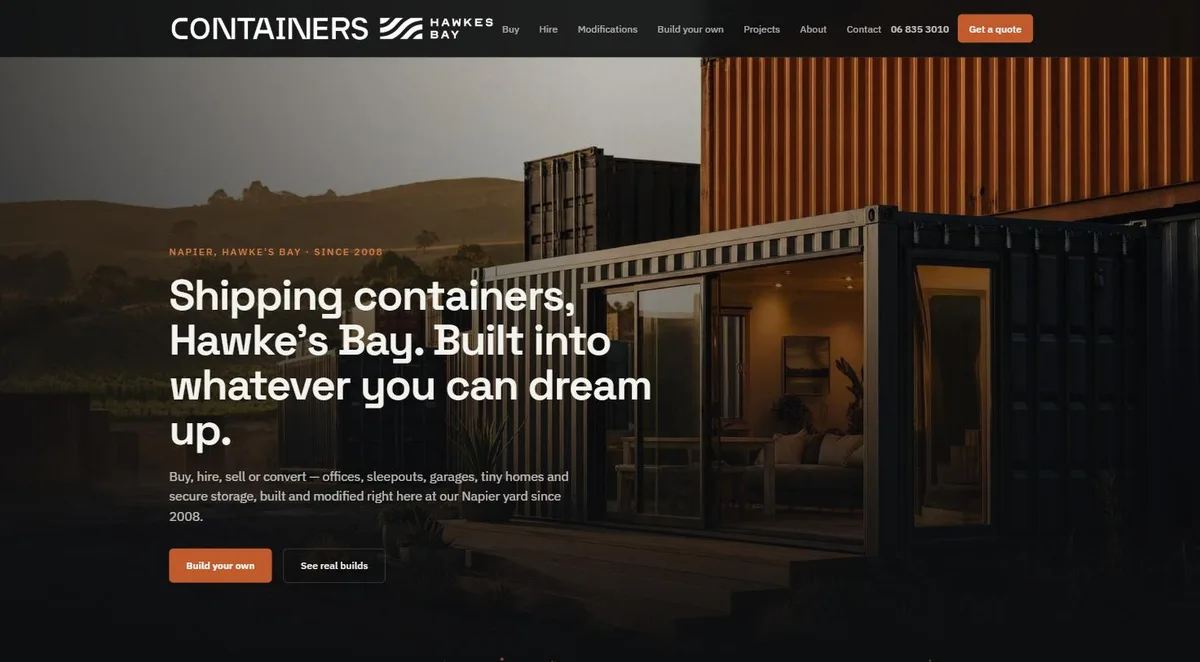 The new Containers Hawke's Bay website — dark, modern homepage with container home hero image and instant quote configurator
